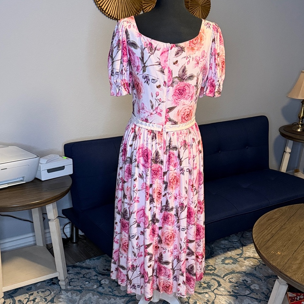 Ivy City Co. Pink Floral Print Sweetheart Square Neck Puff Sleeve Dress Medium - Picture 9 of 12